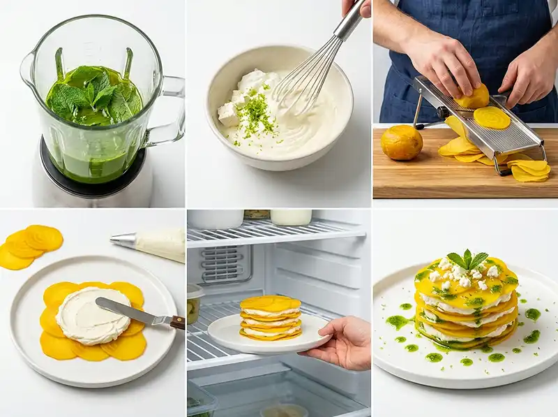 Preparation de la recette Mille-feuille de Betterave Jaune, Feta Fouettée au Citron Vert & Huile de Menthe