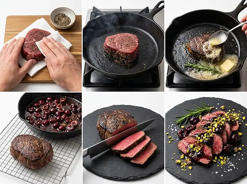 Tataki de Bœuf au Romarin 4 Préparation de la recette Tataki de Bœuf au Romarin, Cerises Rôties & Éclats de Pistaches