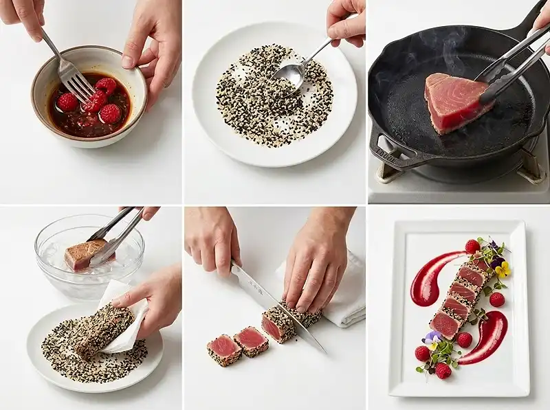 Tataki de Thon à la Framboise, Sésame Noir 4 Préparation de la recette Tataki de Thon à la Framboise, Sésame Noir & Vinaigrette Hibiscus