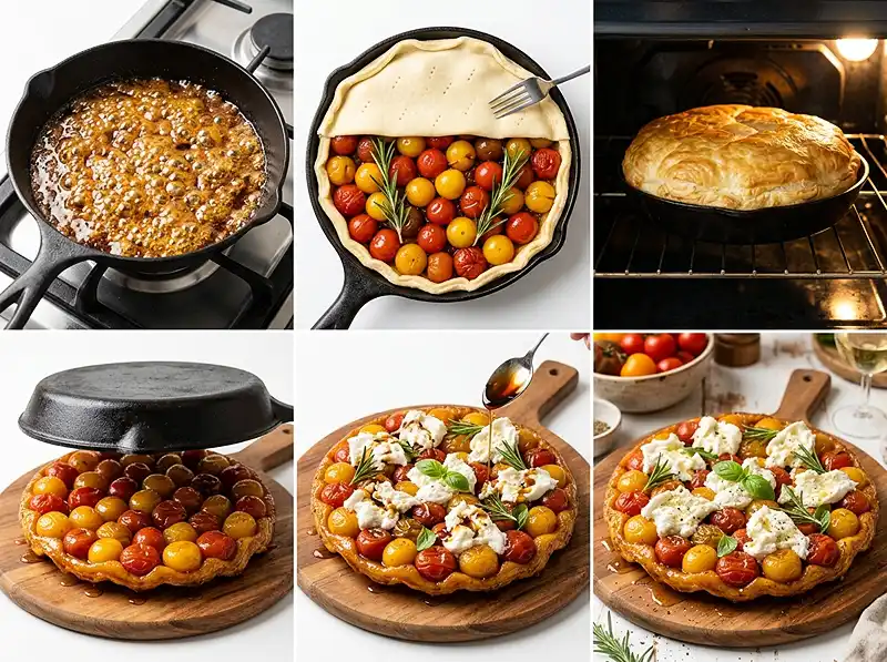 Tatin de Tomates Cerises Confites au Romarin & Burrata Fumée 4 Préparation de la recette Tatin de Tomates Cerises Confites au Romarin & Burrata Fumée