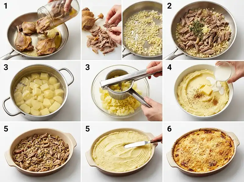 Préparation de la recette parmentier de canard grand-mère