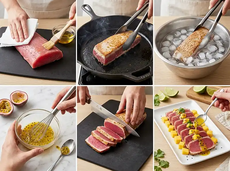 Préparattion de la recette Tataki de Thon à la Mangue, Vinaigrette Passion & Sésame Noir