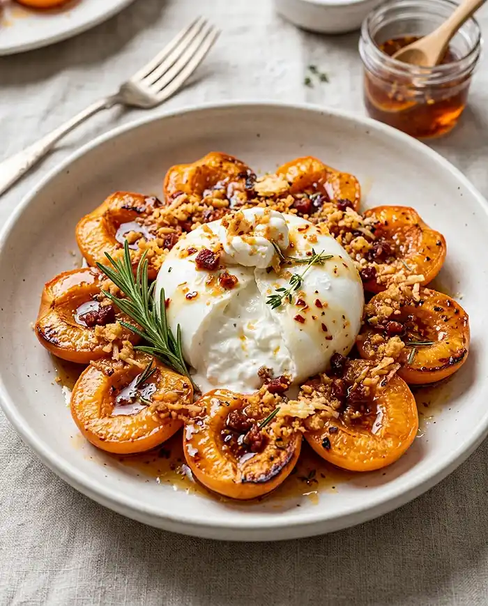 Burrata sur Abricots Rôtis au Romarin 5 Recette Burrata sur Abricots Rôtis au Romarin, Crumble de Chorizo & Miel Pimenté