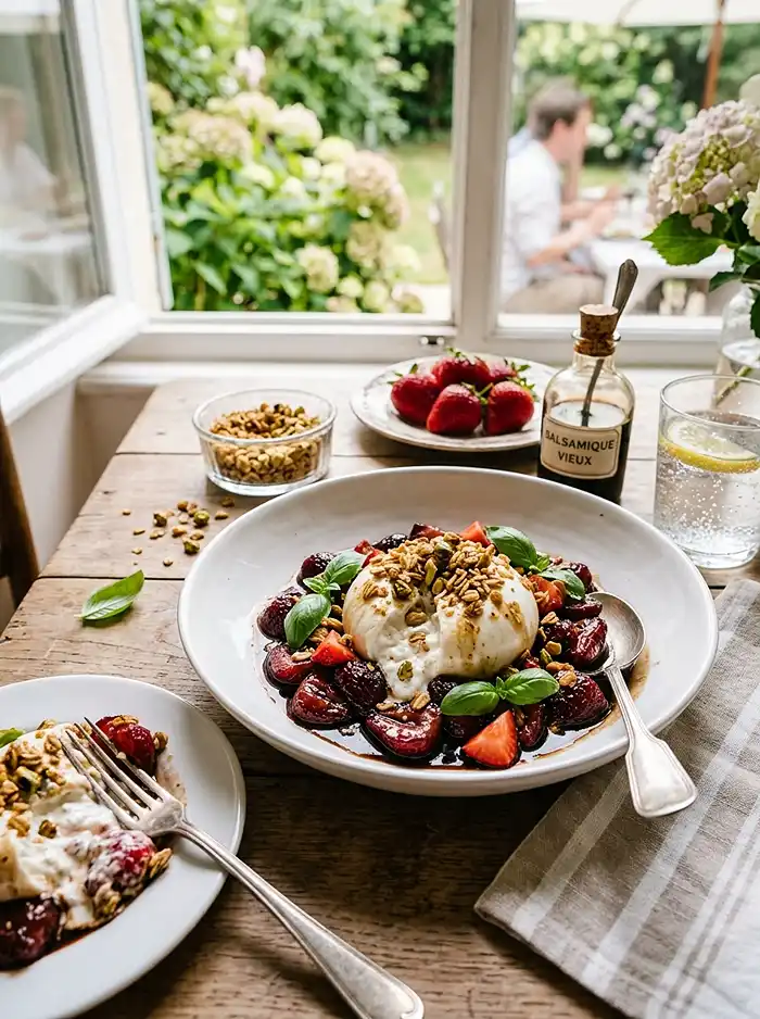 Recette Burrata sur Fraises Rôties au Balsamique & Granola Pistache