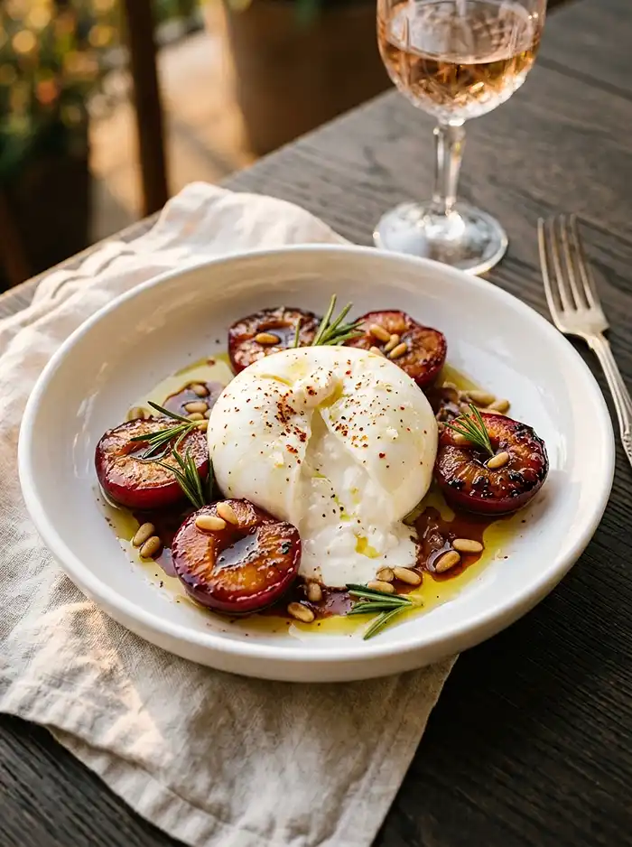 Recette Burrata sur Prunes Rôties au Miel
