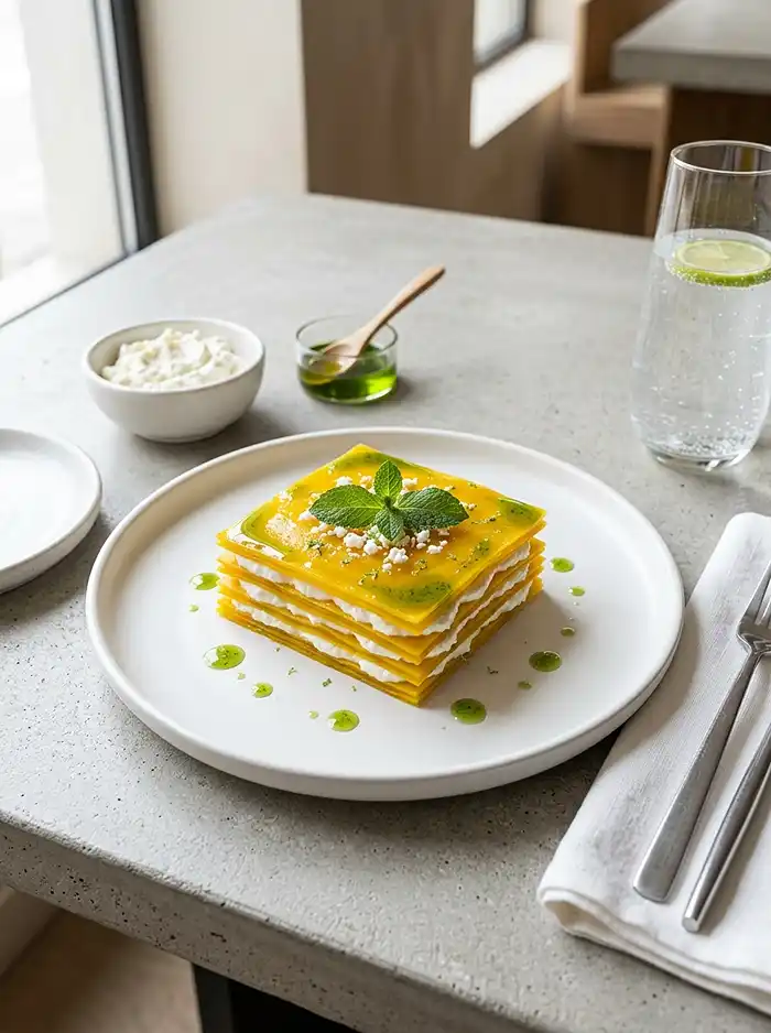 Recette Mille-feuille de Betterave Jaune, Feta Fouettée au Citron Vert & Huile de Menthe
