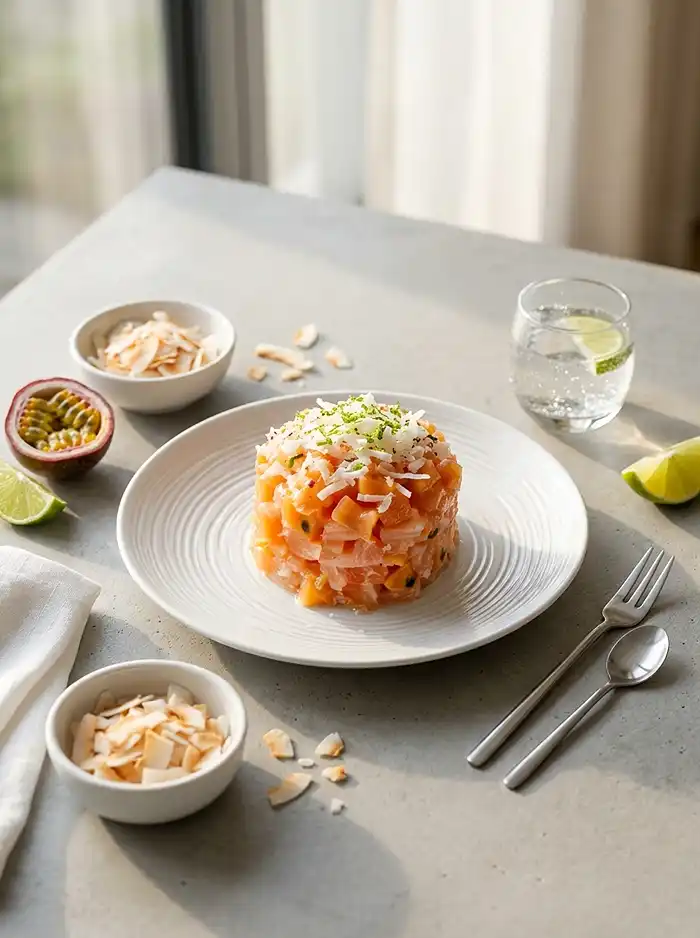 Tartare de Saumon Exotic Couture 5 Recette Tartare de Saumon Exotic Couture Lait de Coco, Fruit de la Passion & Citron Vert