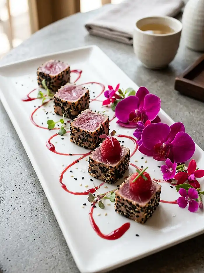 Tataki de Thon à la Framboise, Sésame Noir 5 Recette Tataki de Thon à la Framboise, Sésame Noir & Vinaigrette Hibiscus
