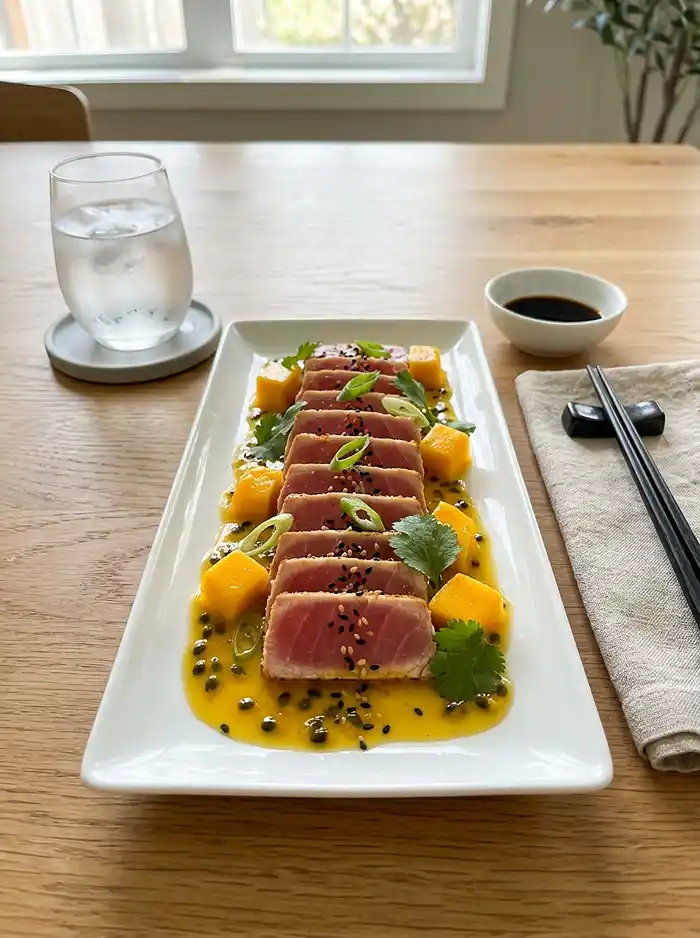 Recette Tataki de Thon à la Mangue, Vinaigrette Passion & Sésame Noir