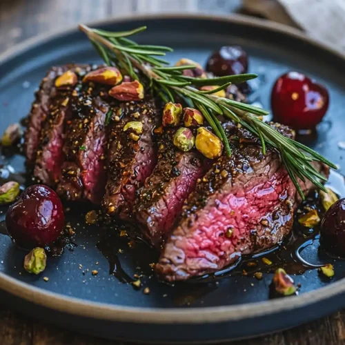 Tataki de Bœuf au Romarin 2 Tataki de Bœuf au Romarin, Cerises Rôties & Éclats de Pistaches