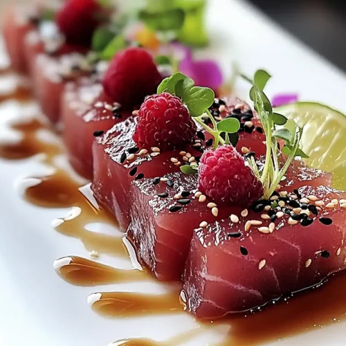 Tataki de Thon à la Framboise, Sésame Noir 2 Tataki de Thon à la Framboise, Sésame Noir & Vinaigrette Hibiscus