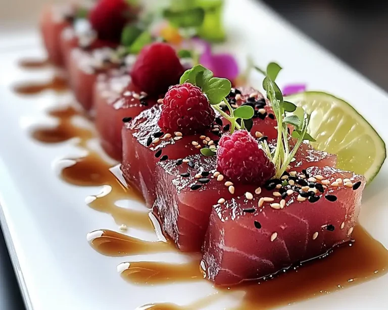 Tataki de Thon à la Framboise, Sésame Noir & Vinaigrette Hibiscus