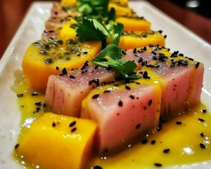Tataki de Thon à la Mangue, Vinaigrette Passion & Sésame Noir