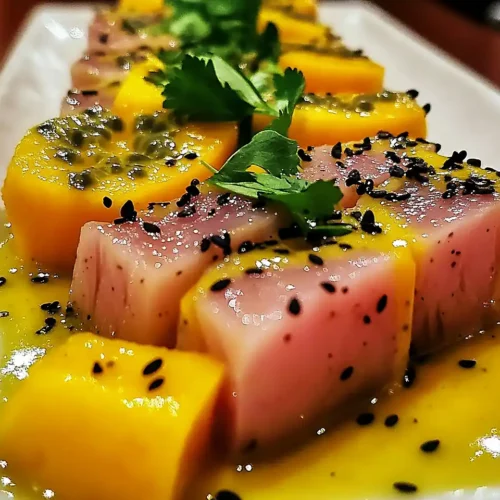 Tataki de Thon à la Mangue, Vinaigrette Passion & Sésame Noir