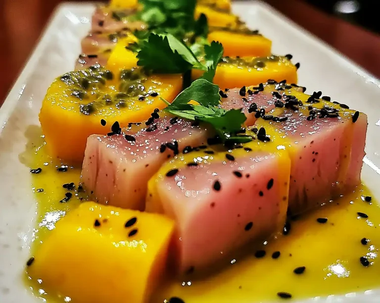 Tataki de Thon à la Mangue, Vinaigrette Passion & Sésame Noir