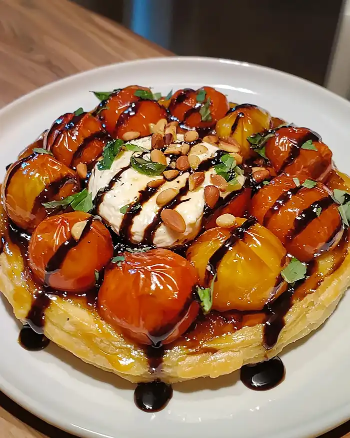 Tatin de Tomates Cerises Confites au Romarin & Burrata Fumée 6 Tatin Express de Tomates Cerises Jaunes au Caramel Balsamique & Cœur de Stracciatella