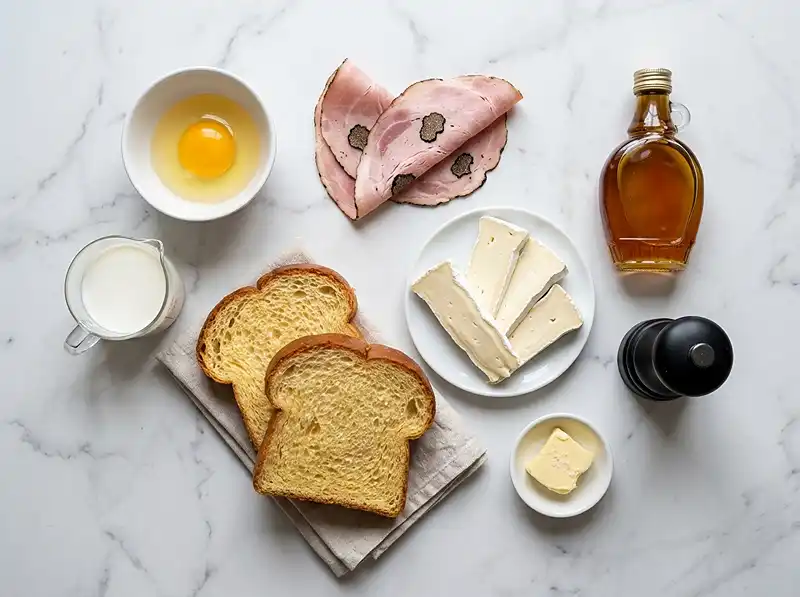 les ingrédients pour Pain Perdu Salé au Brie de Meaux, Jambon à la Truffe & Sirop d'Érable