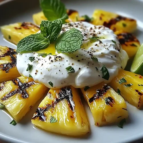 Burrata sur Ananas Grillé au Chili 2 Burrata sur Ananas Grillé au Chili & Menthe Fraîche