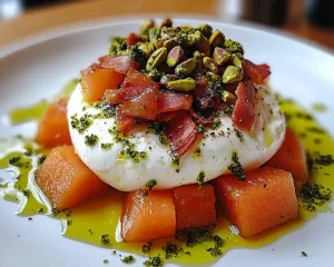 Burrata sur Melon Rôti au Miel, Pesto de Pistache & Lard Croustillant