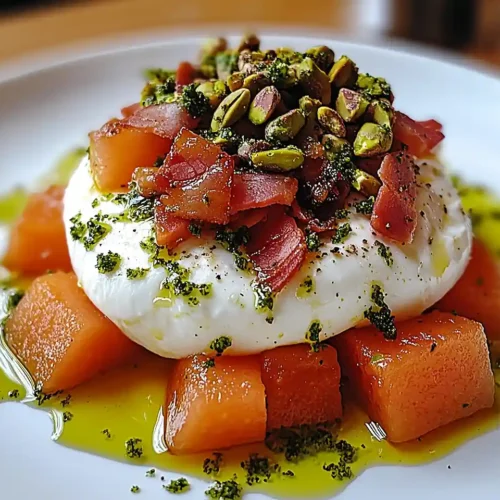 Burrata sur Melon Rôti au Miel, Pesto de Pistache 2 Burrata sur Melon Rôti au Miel, Pesto de Pistache & Lard Croustillant