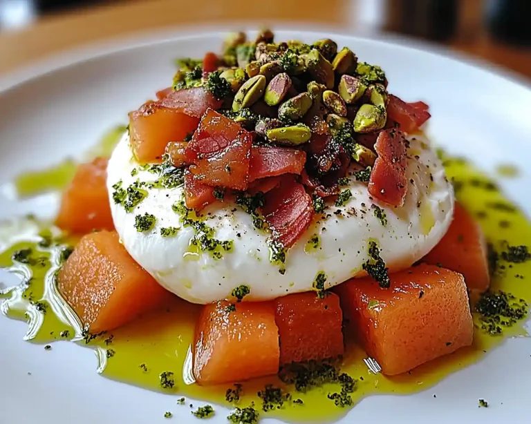 Burrata sur Melon Rôti au Miel, Pesto de Pistache & Lard Croustillant