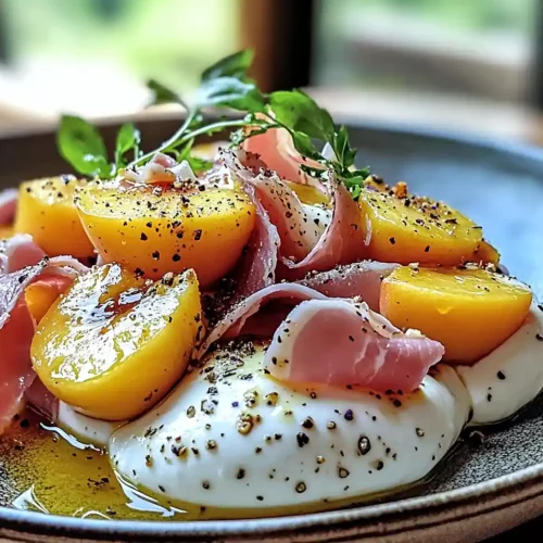Burrata sur Pêches de Vigne Rôties au Miel de Lavande 2 Burrata sur Pêches de Vigne Rôties au Miel de Lavande & Crumble de Jambon de Parme