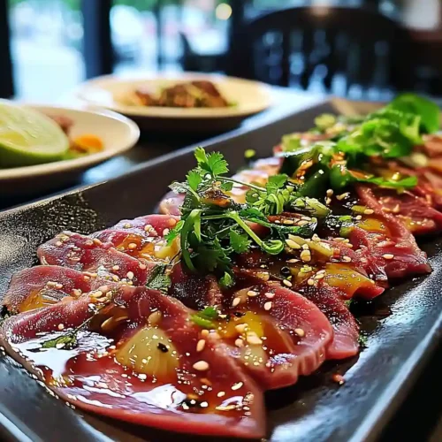 Carpaccio de Bœuf Façon Tigre qui Pleure 2 Carpaccio de Bœuf Façon Tigre qui Pleure, Vinaigrette Soja-Citron Vert & Sésame Grillé