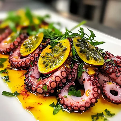 Carpaccio de Poulpe à la Vinaigrette Passion-Gingembre 2 Carpaccio de Poulpe, Vinaigrette Passion-Gingembre & Huile de Chorizo