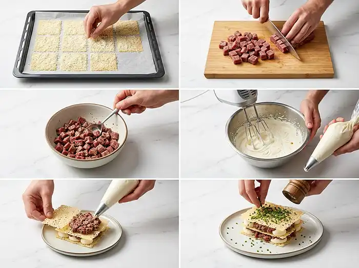 Comment preparer Mille-Feuille Salé aux Tuiles de Parmesan, Tartare de Bœuf Truffé & Crème Mascarpone