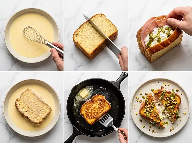 Comment preparer Pain Perdu Salé à la Mortadelle, Cœur Stracciatella & Pesto de Pistache