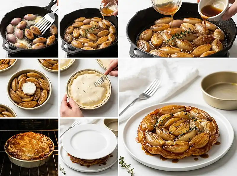 Comment preparer Tatin d’Échalotes Confites au Miel & Bûche de Chèvre Fondante
