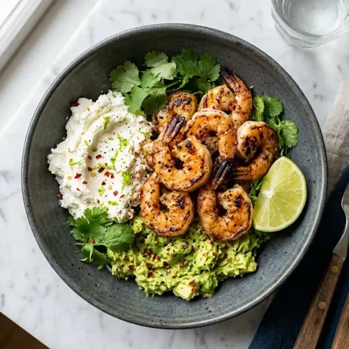 Feta Fouettée à l'Avocat et Crevettes Grillées 2 Feta Fouettée à l'Avocat, Crevettes Grillées au Chili & Citron Vert
