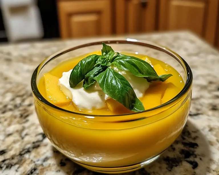 Gaspacho Pêche-Tomate Jaune, Quenelle de Ricotta Fouettée & Huile de Basilic