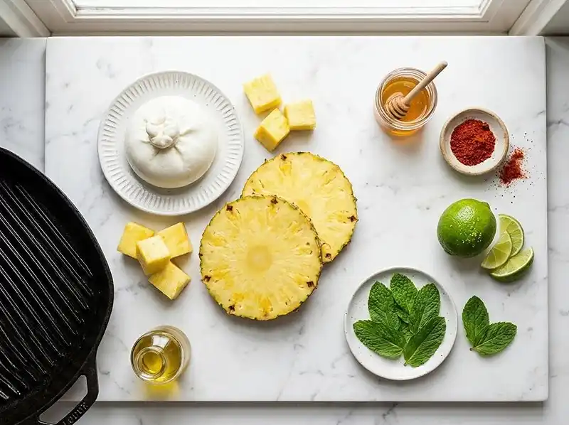 Burrata sur Ananas Grillé au Chili 3 Les ingrédients pour Burrata sur Ananas Grillé au Chili & Menthe Fraîche