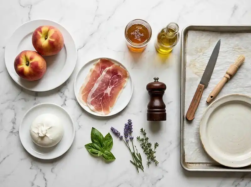 Burrata sur Pêches de Vigne Rôties au Miel de Lavande 3 Les ingrédients pour Burrata sur Pêches de Vigne Rôties au Miel de Lavande & Crumble de Jambon de Parme