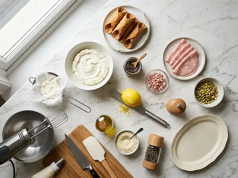 Les ingrédients pour Cannoli Sicilien Salé, Ricotta Fouettée à la Truffe & Mortadelle
