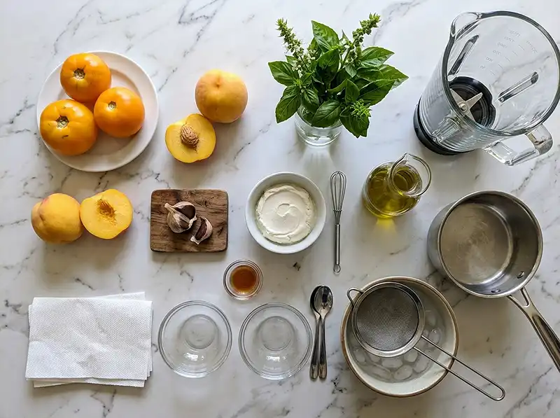 Gaspacho Pêche-Tomate Jaune Crémeux 3 Les ingrédients pour Gaspacho Pêche-Tomate Jaune, Quenelle de Ricotta Fouettée & Huile de Basilic