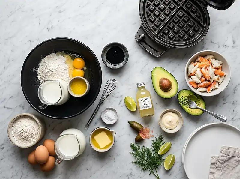 Gaufre Noire à l'Encre de Seiche 3 Les ingrédients pour Gaufre Noire à l’Encre de Seiche, Chair de Crabe, Avocat au Yuzu & Citron Caviar