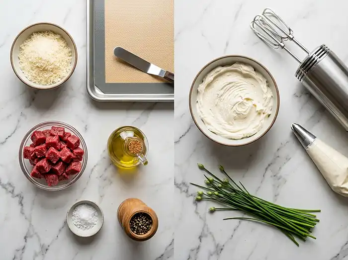 Les ingrédients pour Mille-Feuille Salé aux Tuiles de Parmesan, Tartare de Bœuf Truffé & Crème Mascarpone
