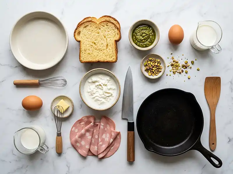 Les ingrédients pour Pain Perdu Salé à la Mortadelle, Cœur Stracciatella & Pesto de Pistache