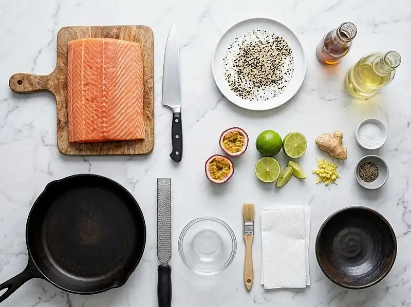 Le Secret de mon Tataki de Saumon au Gingembre 3 Les ingrédients pour Tataki de saumon au gingembre et vierge de fruit de la passion