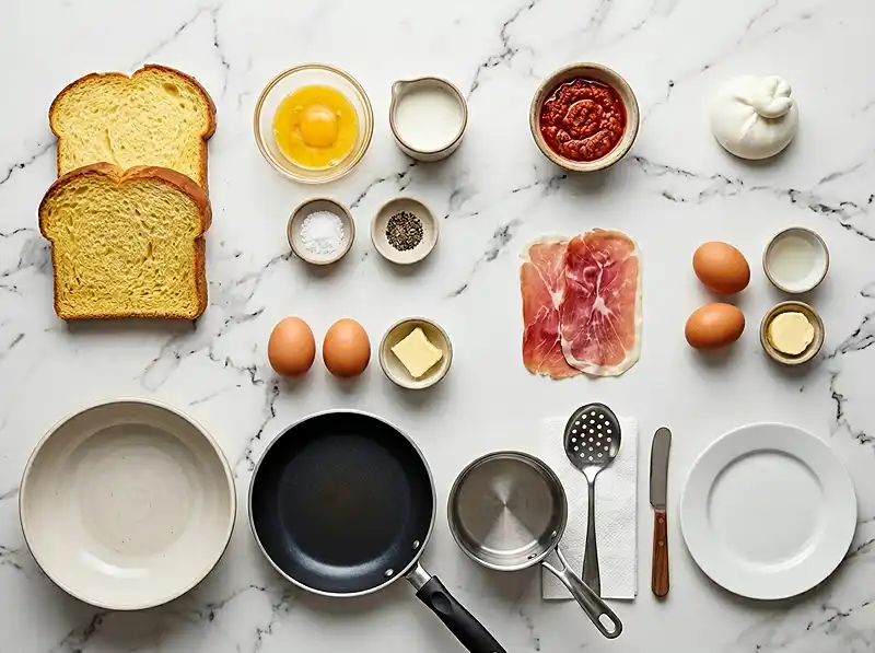Pain Perdu Salé au Pesto Rosso, Cœur Coulant de Burrata 1 Les ingrédients pour preparer Pain Perdu Salé au Pesto Rosso, Cœur Coulant de Burrata & Jambon de Parme Croustillant
