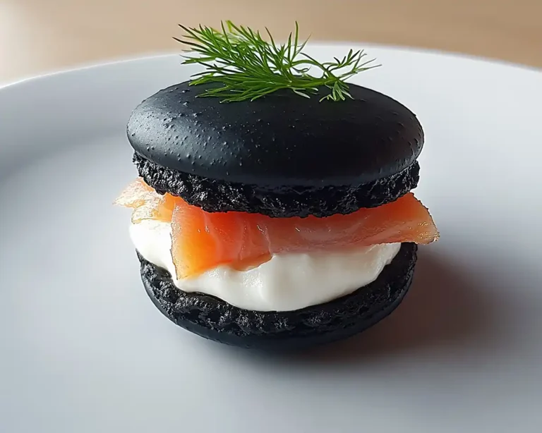 Macaron Salé Haute Couture Noir à l’Encre de Seiche, Saumon Fumé & Citron Caviar