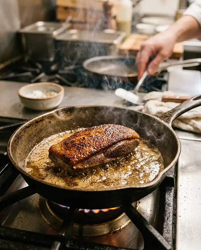 Recettes Magret de Canard 4 Magret de canard en cuisson côté peau dans une poêle en fonte