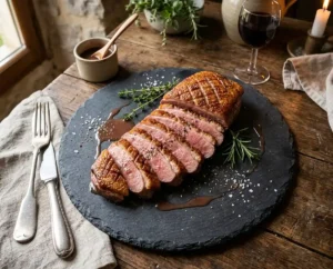 Magret de canard tranché à la peau croustillante et à la chair rosée sur une ardoise
