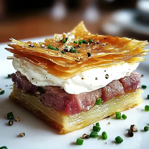 Mille-Feuille Salé aux Tuiles de Parmesan, Tartare de Bœuf Truffé & Crème Mascarpone