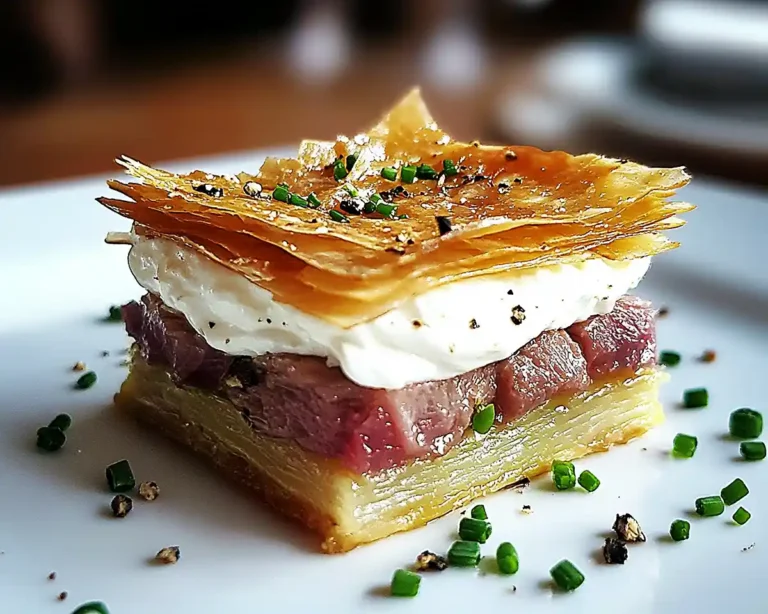 Mille-Feuille Salé aux Tuiles de Parmesan, Tartare de Bœuf Truffé & Crème Mascarpone