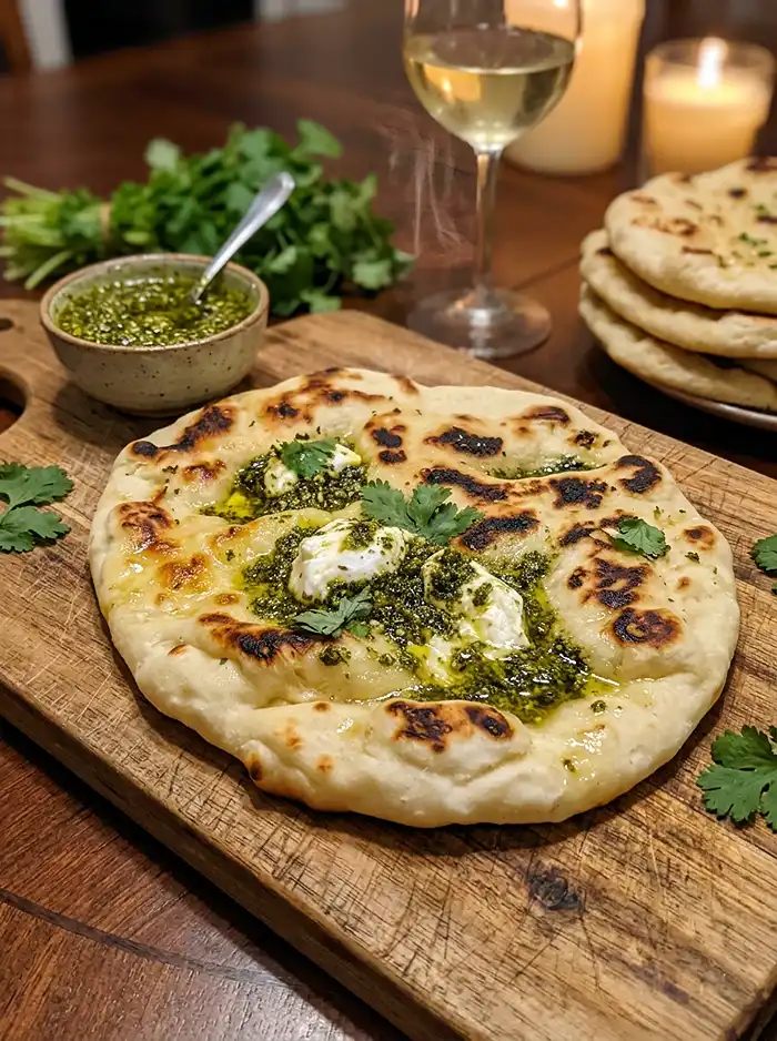 Naan Ultra-Moelleux Farci à la Burrata, Pesto de Pistache 5 Naan Ultra-Moelleux Farci à la Burrata, Pesto de Pistache & Beurre d'Ail