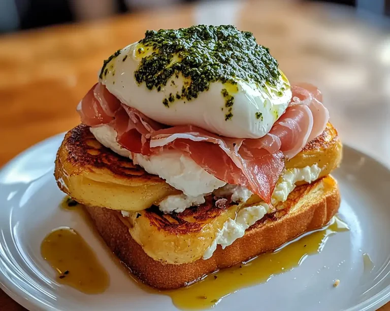 Pain Perdu Salé au Pesto Rosso, Cœur Coulant de Burrata & Jambon de Parme Croustillant
