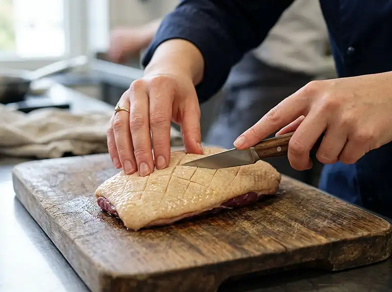 Recettes Magret de Canard 2 Quadrillage en croisillons de la peau d'un magret de canard cru au couteau